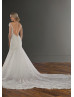 Plunging Neck Beaded Ivory Lace Tulle Deep V Pearl Buttons Back Wedding Dress